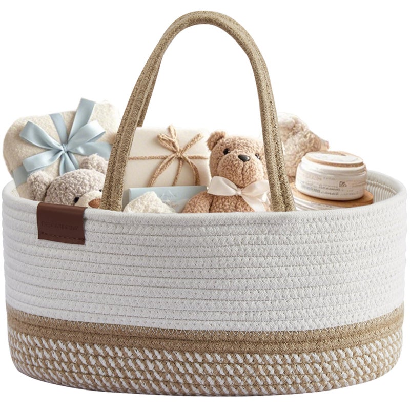 DECOMOMO Baby Caddy Organizer, Diaper Caddy Basket, Baby Baskets for Baby Shower (Spiral Beige & White, Large) - Image 1